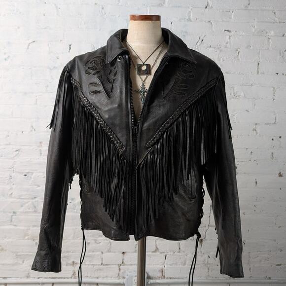 Vintage Black Leather Biker Fringe Jacket Moto Western Velvet Goth Coat Large - Picture 7 of 10